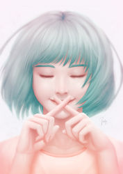 Rule 34 | 1girl, aqua hair, closed eyes, crossed fingers, facing viewer, hands up, highres, lips, original, pink shirt, poppyminty, portrait, shirt, short hair, signature, smile, solo, x fingers