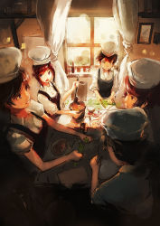 Rule 34 | 5girls, apron, bad id, bad tumblr id, brown hair, chef hat, chopping, cooking, hat, highres, kitchen, kitchen knife, ladle, multiple girls, pot, purple eyes, sleeves rolled up, softmode, window
