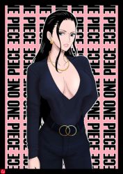 Rule 34 | 1girl, belt, black hair, blue eyes, breasts, chris re5, copyright name, curvy, earrings, jewelry, large breasts, long hair, necklace, nico robin, one piece, solo, source request