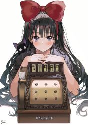 Rule 34 | 1girl, animal, animal on shoulder, artist name, black hair, blush, bow, cash register, cat, closed mouth, fingernails, hair bow, highres, jiji (majo no takkyuubin), kiki (majo no takkyuubin), long hair, looking at viewer, majo no takkyuubin, purple eyes, red bow, saya (mychristian2), simple background, white background