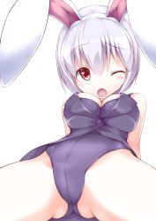 Rule 34 | 1girl, animal ears, arms behind back, ass, bare legs, breasts, rabbit ears, playboy bunny, cleavage, fake animal ears, highres, josephine (twin tail rabbit), large breasts, leaning back, leotard, one eye closed, open mouth, original, purple hair, red eyes, short hair, sitting, sleeveless, solo, spread legs, tailcoat, unosaki shirona