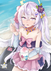 Rule 34 | 1girl, azusa (blue archive), bare shoulders, beach, blue archive, bow, breasts, cleavage, cup, day, disposable cup, feathered wings, flower, food, hair between eyes, hair bow, hair flower, hair ornament, halo, highres, holding, holding cup, holding spoon, long hair, looking at viewer, low wings, nyakonro (nekonro), open mouth, outdoors, pink bow, pink eyes, pink skirt, pleated skirt, polka dot, polka dot bow, purple flower, purple hair, sand, shaved ice, sitting, skirt, small breasts, solo, spoon, strapless, two side up, very long hair, water, white wings, wings