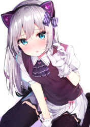 Rule 34 | 1girl, :o, absurdres, animal ear headphones, animal ears, between legs, black footwear, black thighhighs, blue eyes, blush, bow, cat ear headphones, collared shirt, commentary request, diagonal stripes, fake animal ears, fang, gloves, hair between eyes, hair bow, hand between legs, hand up, has bad revision, has downscaled revision, headphones, highres, long hair, md5 mismatch, mole, mole under mouth, nose blush, original, parted lips, pleated skirt, puffy short sleeves, puffy sleeves, purple bow, resolution mismatch, revision, rouka (akatyann), shirt, shoes, short sleeves, silver hair, sitting, skirt, solo, source smaller, striped, striped bow, sweater vest, thighhighs, very long hair, wariza, white background, white gloves, white shirt, white skirt