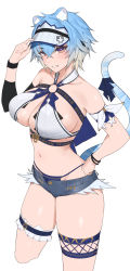 Rule 34 | 1girl, animal ears, bare shoulders, bikini, bikini under clothes, blue hair, blush, breasts, cleavage, collarbone, hand on own hip, highres, large breasts, looking at viewer, original, purple eyes, short hair, simple background, smile, solo, swimsuit, tail, thigh strap, thighs, tiger ears, tiger girl, tiger tail, white background, yaman