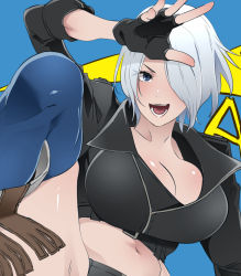 Rule 34 | 1girl, angel (kof), text background, blue eyes, boots, bra, breasts, butcha-u, chaps, cleavage, close-up, cowboy boots, cropped jacket, fingerless gloves, gloves, hair over one eye, highres, jacket, large breasts, looking at viewer, mexico, open mouth, portrait, snk, solo, the king of fighters, the king of fighters xiv, underwear, upper body