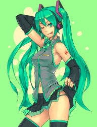 Rule 34 | 1girl, ;p, armpits, bad id, bad pixiv id, bare shoulders, clothes lift, hand on own hip, hatsune miku, hip focus, long hair, one eye closed, panties, skirt, skirt lift, solo, striped clothes, striped panties, thighhighs, tongue, tongue out, underwear, upskirt, very long hair, vocaloid, wink, yuuji (and)