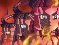 Rule 34 | &gt;:(, 3girls, blue eyes, closed mouth, elizabeth bathory (fate), expressionless, face, fate/grand order, fate (series), fire, frown, glowing, glowing eyes, horn ornament, horns, ishii hisao, looking at viewer, mecha eli-chan (fate), multiple girls, parody, pink eyes, pink hair, pointy ears, red background, robot, sparks, the big o, v-shaped eyebrows, yellow eyes