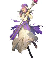 Rule 34 | 1girl, boots, dress, eremiya, female focus, fire emblem, fire emblem: mystery of the emblem, fire emblem heroes, full body, hat, highres, holding, holding staff, homare (fool&#039;s art), long sleeves, nintendo, official art, open mouth, purple eyes, purple hair, purple hat, solo, staff, torn clothes, torn dress, transparent background