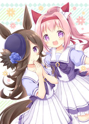 Rule 34 | 2girls, :d, animal ears, black bow, black headwear, blue flower, blue rose, blue shirt, blush, bow, brown hair, closed mouth, commentary request, diagonal stripes, ear bow, floral background, flower, frilled skirt, frills, hair over one eye, hairband, hands up, haru urara (umamusume), hat, hat flower, highres, horse ears, horse girl, horse tail, long hair, multiple girls, nanase miori, open mouth, own hands together, pink hair, pleated skirt, puffy short sleeves, puffy sleeves, purple eyes, red hairband, rice shower (umamusume), rose, shirt, short sleeves, skirt, smile, striped, striped background, tail, thighhighs, tilted headwear, umamusume, very long hair, white background, white bow, white skirt, white thighhighs