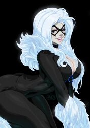 Rule 34 | 1girl, artist name, ass, black background, black bodysuit, black cat (marvel), bodysuit, breasts, choker, cleavage, cowlick, domino mask, eye mask, fang, felicia hardy, fur-trimmed collar, fur-trimmed sleeves, fur trim, green eyes, highres, kneeling, large breasts, long hair, marvel, mask, open mouth, parted bangs, shiny skin, skin tight, solo, spider-man (series), tovio rogers, white hair, zipper
