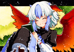 Rule 34 | 1girl, bad id, bad pixiv id, bird wings, black dress, blue hair, dress, head wings, highres, horns, long sleeves, multicolored hair, qqqrinkappp, red eyes, red wings, short hair, single head wing, solo, tokiko (touhou), touhou, traditional media, two-tone hair, white hair, wings