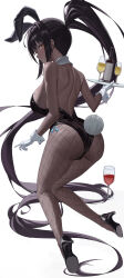 Rule 34 | 1girl, absurdres, alcohol, animal ears, ass, back, backless outfit, bare shoulders, black c (net dust), black footwear, black leotard, blue archive, bottle, breasts, champagne, collar, commentary request, cup, dark-skinned female, dark skin, detached collar, drinking glass, fake animal ears, fishnet pantyhose, fishnets, from behind, full body, gloves, high heels, highres, holding, holding tray, karin (blue archive), karin (bunny) (blue archive), large breasts, leotard, long hair, looking at viewer, looking back, pantyhose, playboy bunny, ponytail, rabbit ears, rabbit tail, sideboob, simple background, solo, strapless, strapless leotard, tail, tray, very long hair, white background, white collar, white gloves, white wrist cuffs, wrist cuffs, yellow eyes