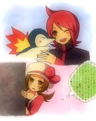 Rule 34 | 00s, 1boy, 1girl, :o, ;d, ahoge, bad id, bad pixiv id, blood, blush, bow, brown eyes, brown hair, cabbie hat, creatures (company), cyndaquil, game freak, gen 2 pokemon, hat, hat bow, lyra (pokemon), monaco (rmn02), nintendo, nosebleed, one eye closed, open mouth, overalls, parted bangs, peeking, pokemon, pokemon (creature), pokemon hgss, red hair, short hair, short twintails, silver (pokemon), smile, thought bubble, translation request, twintails, wall of text, wink