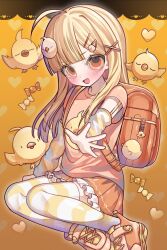 Rule 34 | 1girl, ahoge, backpack, bag, bird, blonde hair, blush, candy, charm (object), chick, commentary, detached sleeves, flat chest, food, frilled skirt, frills, hair ornament, hairclip, highres, long hair, looking at viewer, miniskirt, open mouth, orange eyes, original, randoseru, shirt, shoes, skirt, smile, sneakers, solo, striped clothes, striped thighhighs, symbol-only commentary, t-shirt, thighhighs, x hair ornament, yokubariyachii, zettai ryouiki