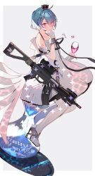 Rule 34 | 1girl, assault rifle, blue hair, blush, character name, crown, cup, dress, drinking glass, girls&#039; frontline, gloves, gun, hair between eyes, hairband, high heels, highres, hourglass, mini crown, official alternate costume, pantyhose, parted lips, purple eyes, rifle, short hair, sitting, solo, soukou makura, sparkle, two-tone background, weapon, white background, white dress, white gloves, white pantyhose, wine glass, zas m21 (girls&#039; frontline), zas m21 (white queen) (girls&#039; frontline)