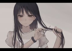 Rule 34 | 1girl, bad id, bad twitter id, black hair, brown background, brown eyes, closed mouth, commentary request, cutting hair, cutting own hair, eyebrows hidden by hair, hands up, highres, holding, holding own hair, letterboxed, long hair, looking at viewer, original, puffy short sleeves, puffy sleeves, scissors, shirt, short sleeves, simple background, solo, tsuruse, upper body, white shirt