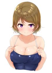 Rule 34 | 1girl, absurdres, bare arms, blue one-piece swimsuit, blush, breasts, brown hair, cleavage, closed mouth, clothes pull, collarbone, competition school swimsuit, embarrassed, highres, koizumi hanayo, looking at viewer, love live!, medium breasts, one-piece swimsuit, one-piece swimsuit pull, parted bangs, purple eyes, school swimsuit, shinonon (iso shino), short hair, simple background, skindentation, solo, swept bangs, swimsuit, upper body, white background