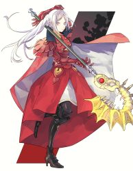 Rule 34 | 1girl, armor, axe, aymr (fire emblem), cape, closed mouth, edelgard von hresvelg, fire emblem, fire emblem: three houses, fish season44, full body, heroes relic (fire emblem), high heels, highres, holding, holding axe, long hair, nintendo, purple eyes, side ponytail, simple background, solo, white background, white hair