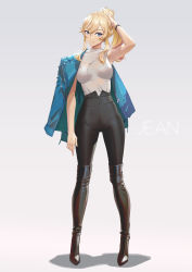 Rule 34 | 1girl, accessories, alternate costume, text background, black footwear, black pants, blonde hair, blue eyes, blue jacket, boots, cross, cross earrings, earrings, genshin impact, gold earrings, hand in own hair, hand on head, high-waist pants, high heel boots, high heels, highres, jacket, jacket on shoulders, jean (genshin impact), jewelry, jojaow, knee boots, leather, leather jacket, long hair, pants, ponytail, shadow, shirt, simple background, sleeveless, standing, tank top, thigh boots, thighhighs, watch, white background, white shirt, white tank top, wristwatch