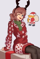 Rule 34 | 1boy, 1girl, a hat in time, aged up, alternate costume, antlers, arm support, black pantyhose, blue eyes, boots, box, brown hair, christmas, christmas sweater, conductor (a hat in time), fake antlers, fujimna, gift, gift box, green scarf, hat, hat kid, highres, holding, holding sack, horns, leaning back, long sleeves, looking at viewer, one eye closed, open mouth, pantyhose, red sweater, reindeer antlers, sack, santa boots, santa costume, santa hat, scarf, short ponytail, sidelocks, simple background, sitting, sitting on object, smile, sweater