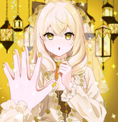 Rule 34 | 1girl, blonde hair, frilled sleeves, frills, gyuentec, highres, lantern, long hair, long sleeves, open mouth, original, solo, yellow eyes, yellow nails, yellow theme, yellow veil