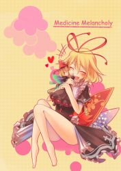 Rule 34 | 1girl, barefoot, blonde hair, blush, bottomless, character name, cheek-to-cheek, closed eyes, doll, hugging doll, female focus, hair ribbon, happy, heads together, highres, hug, legs, medicine melancholy, mini person, minigirl, mito (calcomer), hugging object, ribbon, short hair, smile, solo, su-san, touhou, wings