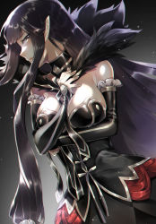 Rule 34 | 1girl, arm under breasts, bare shoulders, black dress, black hair, breasts, bridal gauntlets, cleavage, closed mouth, detached collar, detached sleeves, dress, fate/apocrypha, fate/grand order, fate (series), fur trim, large breasts, long dress, long hair, looking at viewer, looking to the side, pointy ears, semiramis (fate), very long hair, wokaoriwo, yellow eyes