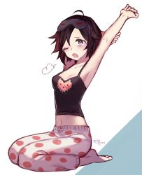 Rule 34 | 1girl, ahoge, armpits, arms behind head, arms up, bad id, bad twitter id, black hair, breasts, cleavage, commentary request, ecru, full body, gradient hair, grey eyes, medium breasts, multicolored hair, navel, one eye closed, open mouth, pajamas, plantar flexion, print shirt, red hair, ruby rose, rwby, shirt, short hair, sitting, sleep mask, solo, waking up, white background