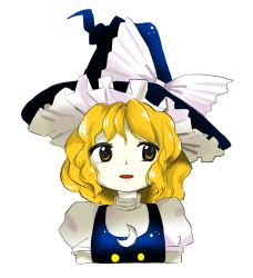 Rule 34 | 1girl, black hat, black vest, blonde hair, blue hat, blue vest, bow, buttons, crescent, crescent pin, frills, grey shirt, hair between eyes, hat, hat bow, highres, jill 07km, kanmarisa (meme), kirisame marisa, legacy of lunatic kingdom, looking to the side, official style, open mouth, puffy short sleeves, puffy sleeves, shirt, short hair, short sleeves, simple background, solo, touhou, upper body, vest, white background, white bow, witch hat, yellow eyes, zun (style)
