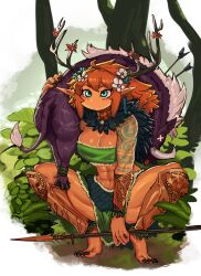 Rule 34 | 1girl, abs, antlers, armor, barefoot, boar, breasts, choker, cleavage, earrings, elf, ezzydraws, flower, forest, freckles, fur trim, greaves, hair flower, hair ornament, highres, horns, jewelry, large breasts, medium breasts, monster girl, muscular, muscular female, nature, necklace, orange hair, original, pointy ears, skirt, solo, tank top, tattoo, tongue, tongue out, tribal
