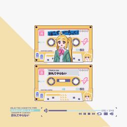 Rule 34 | 1girl, ahoge, blonde hair, bocchi the rock!, bow, cassette tape, commentary, copyright name, english commentary, green jacket, highres, hood, hood down, hooded jacket, ijichi nijika, instant onion, jacket, long hair, long sleeves, looking at viewer, open clothes, open jacket, open mouth, orange eyes, pixel art, red bow, shirt, side ponytail, sidelocks, smile, solo, song name, upper body, user interface, very long hair, white shirt