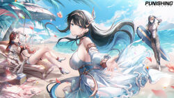 Rule 34 | 1boy, 2girls, beach, beach umbrella, bikini, black hair, blue eyes, breasts, cloud, colored inner hair, copyright name, crossed legs, day, detached sleeves, dress, earrings, eyewear on head, flower, fortissimo, hair ornament, hairclip, high heels, highres, holding, holding surfboard, jewelry, large breasts, lee: entropy (oceanic blues) (punishing: gray raven), lee: entropy (punishing: gray raven), lee (punishing: gray raven), long hair, looking at viewer, multicolored hair, multiple girls, musical note, musical note hair ornament, navel, ocean, outdoors, ozzingo, palm tree, parted lips, petals, punishing: gray raven, reaching, reaching towards viewer, reclining, red bikini, red hair, selena: tempest (aria of nymph) (punishing: gray raven), selena: tempest (punishing: gray raven), selena (punishing: gray raven), shorts, sideboob, sky, smile, streaked hair, sunglasses, surfboard, swimsuit, thigh strap, tree, two-tone hair, umbrella, vera: garnet (punishing: gray raven), vera: garnet (wavebender) (punishing: gray raven), vera (punishing: gray raven), very long hair, water, white dress, white footwear, white shorts