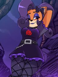 Rule 34 | 1girl, belt, black belt, bow, breasts, coco bandicoot, crash bandicoot (series), deathzerareal, dress, evil coco, furry, furry female, goth fashion, hair bow, highres, leggings, looking at viewer, looking down, medium breasts, medium hair, purple bow, purple dress, purple eyes, purple hair, purple leggings, purple lips, short dress, solo