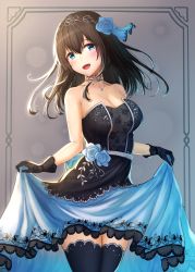 Rule 34 | 1girl, :d, aiban, bare arms, bare shoulders, black skirt, black thighhighs, blue eyes, blue flower, blue skirt, blush, breasts, brown hair, choker, cleavage, collarbone, commentary request, dress, floating hair, floral print, flower, gloves, hair between eyes, hair flower, hair ornament, hairband, head tilt, highres, idolmaster, idolmaster cinderella girls, idolmaster cinderella girls starlight stage, legs together, light, long dress, long hair, looking at viewer, medium breasts, open mouth, print dress, print gloves, sagisawa fumika, skirt, skirt hold, smile, solo, standing, strapless, strapless dress, tareme, thighhighs, white gloves