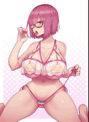 Rule 34 | 1girl, abubu, animated, animated gif, areola slip, bare shoulders, barefoot, bikini, blush, bouncing breasts, breasts, cameltoe, cleavage, fate/grand order, fate (series), fellatio gesture, glasses, heart, heart-shaped pupils, looking at viewer, mash kyrielight, nail polish, navel, pink nails, purple eyes, purple hair, see-through, short hair, solo, striped bikini, striped clothes, swimsuit, symbol-shaped pupils, tongue, tongue out