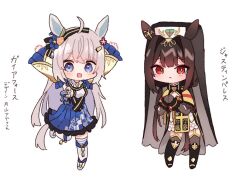 Rule 34 | :&lt;, animal ears, arms up, black hair, blue eyes, chibi, commentary request, detached sleeves, full body, gaia force (racehorse), headband, horse ears, horse girl, horse tail, long hair, looking at viewer, original, red eyes, tail, tears, thighhighs, toriumi (trmx x), translation request, umamusume, white background, white hair