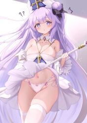 Rule 34 | 1girl, absurdres, areola slip, azur lane, bare shoulders, blush, breasts, cleavage, clothes lift, commentary request, detached collar, dress, dress lift, graveyard, hair bun, hair ornament, highres, holding, holding staff, large breasts, long hair, looking at viewer, navel, panties, pink panties, priestess, purple eyes, purple hair, qian hen, royal navy emblem (azur lane), solo, staff, thighhighs, underwear, unicorn (azur lane), unicorn (snow white guardian angel) (azur lane), white dress, white thighhighs