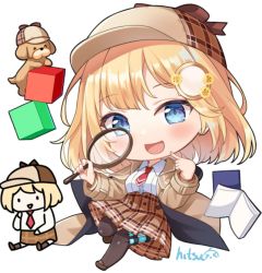 Rule 34 | 1girl, :d, ^ ^, animal, big head, black thighhighs, blonde hair, blue eyes, blush, book, breasts, brown footwear, brown headwear, brown jacket, brown skirt, bubba (watson amelia), chibi, closed eyes, collared shirt, commentary, cube, dog, english commentary, full body, hair ornament, hitsukuya, holding, hololive, hololive english, jacket, loafers, long hair, magnifying glass, medium breasts, multiple views, necktie, open book, open clothes, open jacket, open mouth, pixiv username, plaid, plaid headwear, plaid skirt, pleated skirt, red neckwear, shirt, shoes, short necktie, signature, simple background, skirt, smile, smol ame, thighhighs, virtual youtuber, watson amelia, white background, white shirt