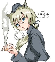 Rule 34 | 00s, 1girl, bad id, bad pixiv id, cigarette, garrison cap, hanna rudel, hat, long hair, military, military uniform, ponytail, pzk1, scar, smoking, solo, strike witches, strike witches: suomus misfits squadron, uniform, world witches series