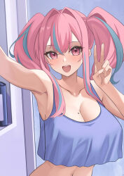 Rule 34 | 1girl, :d, absurdres, armpits, azur lane, blush, breasts, bremerton (azur lane), crop top, highres, large breasts, looking at viewer, mole, mole on breast, mole under eye, multicolored hair, navel, open mouth, pink eyes, pink hair, purple shirt, shirt, smile, soar sora222, solo, teeth, upper body, upper teeth only, v