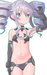 Rule 34 | bare shoulders, bodysuit, breasts, gloves, green eyes, highres, long hair, navel, neptune (series), salute, small breasts, thighs, tsundere, twin drills, twintails, underboob, uni (neptunia), white hair, yuni tofuparlor
