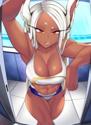 Rule 34 | 1girl, abs, absurdres, animal ears, arm up, armpits, blue nails, boku no hero academia, breasts, castell, cleavage, dark-skinned female, dark skin, feet out of frame, highres, large breasts, long eyelashes, long hair, looking at viewer, midriff, mirko, nail polish, navel, open mouth, parted bangs, pointing, pointing down, pov, print tank top, rabbit ears, rabbit girl, red eyes, short shorts, shorts, signature, solo, tank top, thick thighs, thighs, toned, white hair