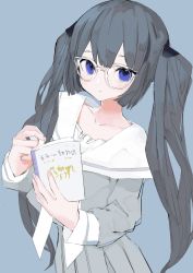 Rule 34 | 1girl, blue background, blue eyes, book, closed mouth, collarbone, daydremec, fingernails, glasses, grey hair, grey serafuku, grey skirt, holding, holding book, looking at viewer, open book, original, school uniform, serafuku, simple background, skirt, smile, solo, transparent, twintails, uniform