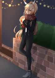 Rule 34 | 1girl, :o, absurdres, ayanami (azur lane), azur lane, backpack, bag, black legwear, blonde hair, boots, breath, bush, can, casual, commentary request, contemporary, denim, drink can, full body, hair between eyes, high heel boots, high heels, highres, jacket, jeans, konparu uran, long hair, looking at viewer, open mouth, outdoors, pants, plaid, plaid scarf, ponytail, red scarf, scarf, sidelocks, soda can, solo, standing, standing on one leg, very long hair, yellow eyes