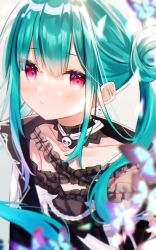 Rule 34 | 1girl, absurdres, bare shoulders, black coat, black dress, blush, bug, butterfly, coat, collarbone, double bun, dress, flat chest, frilled dress, frilled straps, frills, gradient hair, green hair, hair bun, highres, hololive, huge filesize, insect, long hair, looking at viewer, multicolored hair, off-shoulder dress, off shoulder, parted lips, pink hair, red eyes, shouu-kun, solo, twintails, upper body, uruha rushia, uruha rushia (3rd costume), virtual youtuber