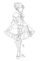 Rule 34 | 1girl, aku no musume (vocaloid), alternate costume, bow, choker, collarbone, commentary, dress, earrings, evillious nendaiki, flat chest, frilled dress, frills, full body, greyscale, hair bow, hair ornament, hairclip, ichi ka, jewelry, kagamine rin, legs together, looking at viewer, monochrome, riliane lucifen d&#039;autriche, signature, simple background, smile, solo, standing, sundress, updo, vocaloid, white background