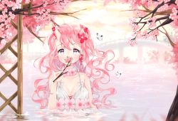 Rule 34 | 1girl, babydoll, bad id, bad pixiv id, blue eyes, blush, branch, bridge, bug, butterfly, cherry blossoms, covered mouth, covering own mouth, day, flower, hair between eyes, holding, holding branch, horns, insect, liby (libtnvd), long hair, looking at viewer, ocean, one side up, oni horns, original, outdoors, partially submerged, pink hair, pointy ears, single horn, solo, wavy hair