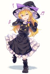 Rule 34 | 1girl, :d, beamed sixteenth notes, black footwear, black gloves, black hat, black jacket, black skirt, blonde hair, boots, bow, buttons, commentary request, cookie (touhou), eighth note, full body, gloves, hair between eyes, hair bow, hat, hat bow, highres, holding, holding microphone, jacket, kirisame marisa, konfu nodashino bubun, long hair, long sleeves, looking at viewer, microphone, musical note, open mouth, petticoat, purple bow, quarter note, rei (cookie), shirt, simple background, skirt, smile, solo, touhou, turtleneck, white background, white shirt, witch hat, yellow eyes