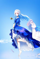 Rule 34 | 1girl, barefoot, blue choker, blue dress, blue hair, choker, colored inner hair, dress, earrings, floating hair, from side, full body, gloves, highres, jewelry, lize helesta, lize helesta (3rd costume), long hair, looking at viewer, looking to the side, multicolored hair, nijisanji, parted lips, puffy short sleeves, puffy sleeves, purple eyes, rinderon0722, sebastian piyodore, shoes, short sleeves, skirt hold, solo, tiara, unworn cape, unworn shoes, virtual youtuber, white gloves, white hair