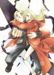 Rule 34 | 2boys, alphonse elric, bare legs, black pants, black shirt, blonde hair, boots, borrowed clothes, brothers, clenched hand, coat, edward elric, fullmetal alchemist, grin, long hair, long sleeves, looking at viewer, male focus, multiple boys, nenone miya, open mouth, pants, red coat, shirt, siblings, simple background, smile, white background, yellow eyes